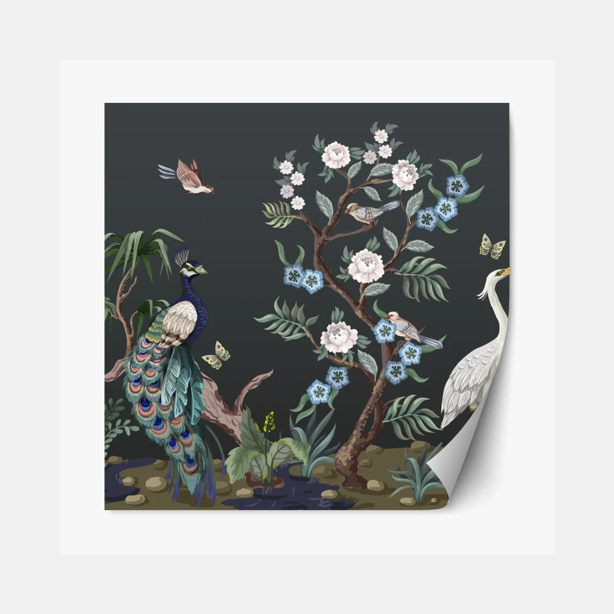 Repositionierbarer Aufkleber pfau und reiher im blumenmuster – Wallnifity® Repositionierbarer Aufkleber pfau und reiher im blumenmuster – Wallnifity®