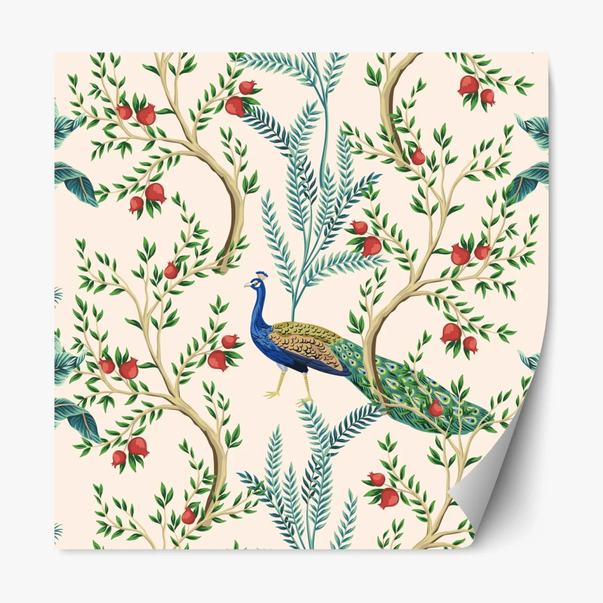 Repositionierbarer Aufkleber pfau zwischen granatästen – Wallnifity® Repositionierbarer Aufkleber pfau zwischen granatästen – Wallnifity®