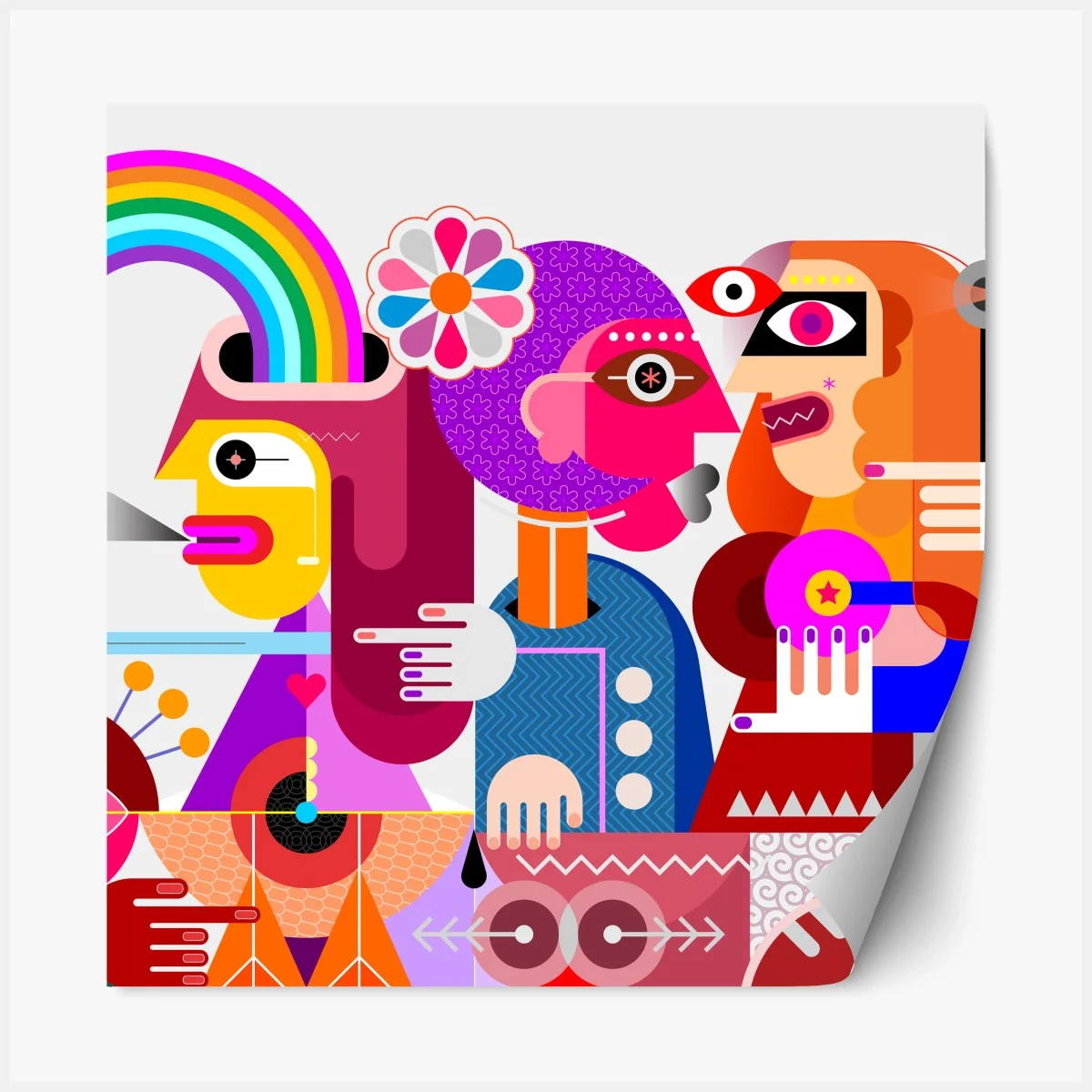 Repositionierbarer Aufkleber mann mit regenbogen reitet geometrischen vogel – Wallnifity® Repositionierbarer Aufkleber mann mit regenbogen reitet geometrischen vogel – Wallnifity®