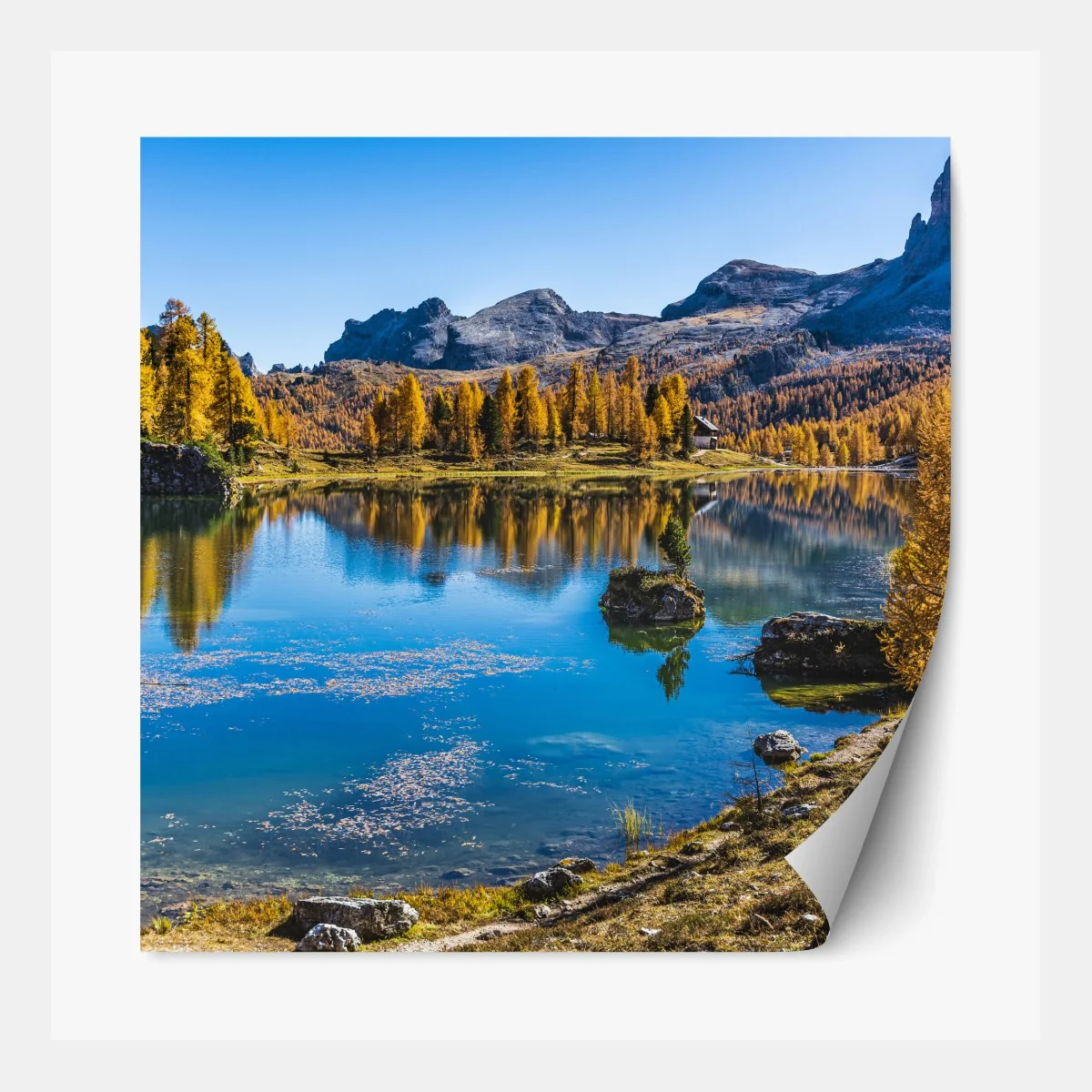 Repositionierbarer Aufkleber herbstlicher alpensee mit bergreflexion – Wallnifity® Repositionierbarer Aufkleber herbstlicher alpensee mit bergreflexion – Wallnifity®