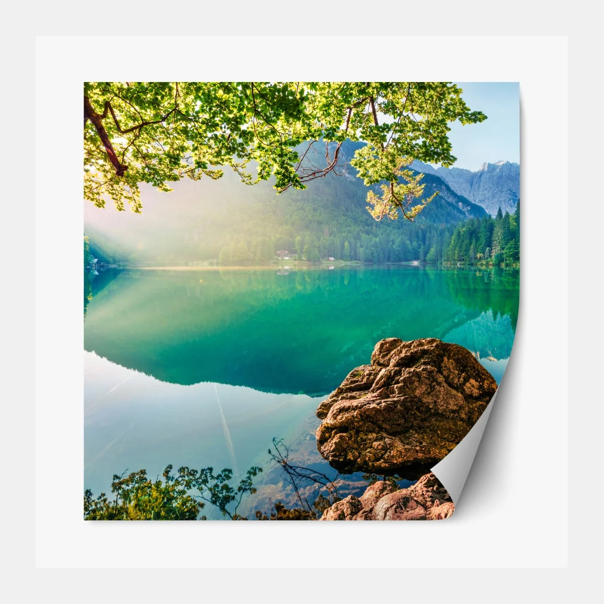 Repositionierbarer Aufkleber morgendliche szene am Fusine-see mit Mangart – Wallnifity® Repositionierbarer Aufkleber morgendliche szene am Fusine-see mit Mangart – Wallnifity®