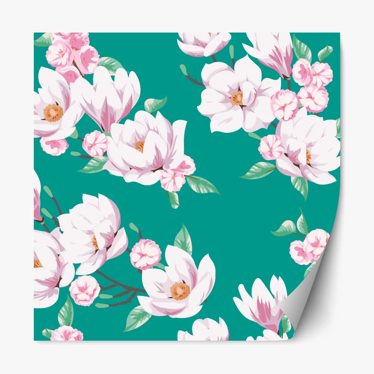 Repositionierbarer Aufkleber pastell magnolienmuster auf türkisfarbenem hintergrund – Wallnifity®