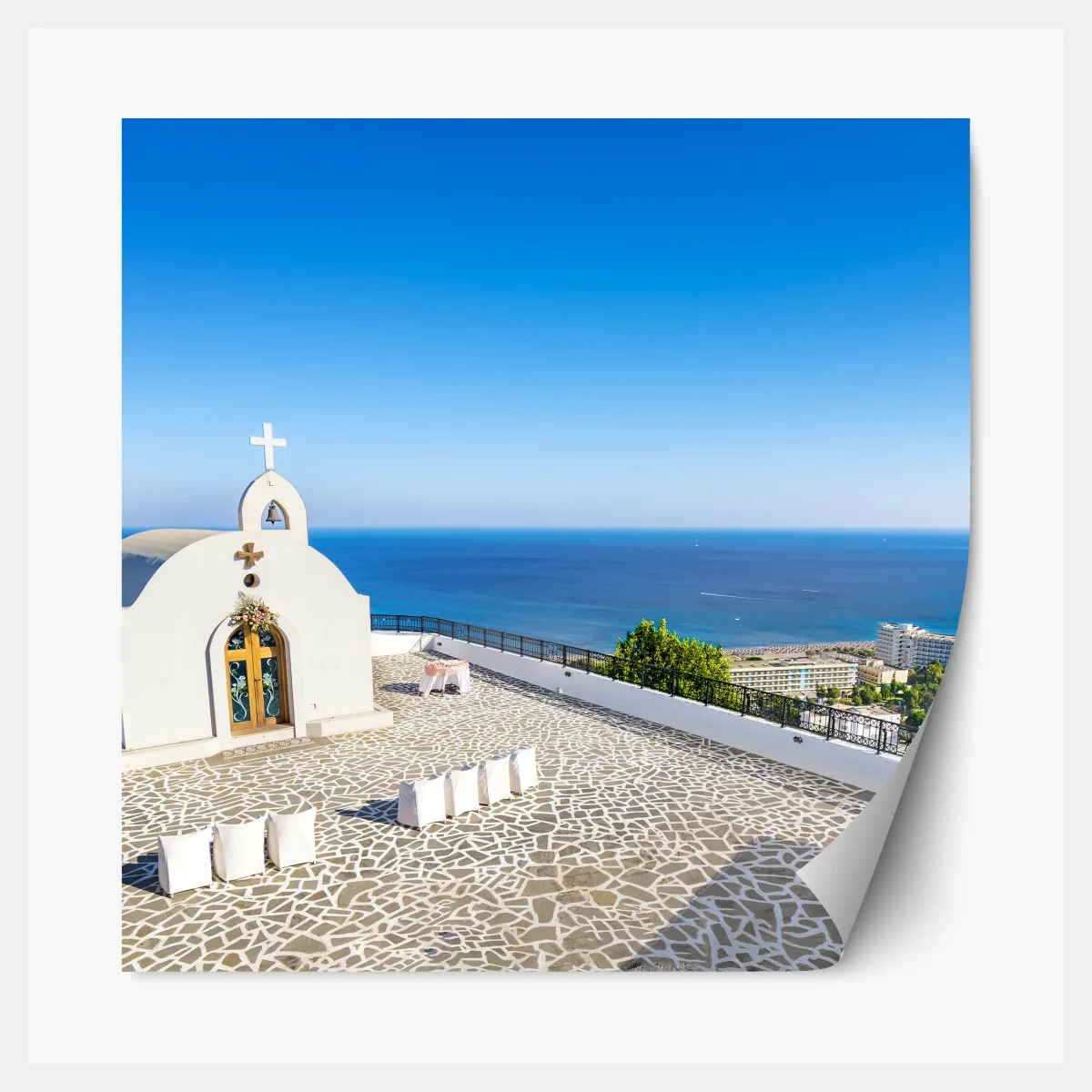 Repositionierbarer Aufkleber weiße kapelle mit meerblick in Faliraki – Wallnifity® Repositionierbarer Aufkleber weiße kapelle mit meerblick in Faliraki – Wallnifity®