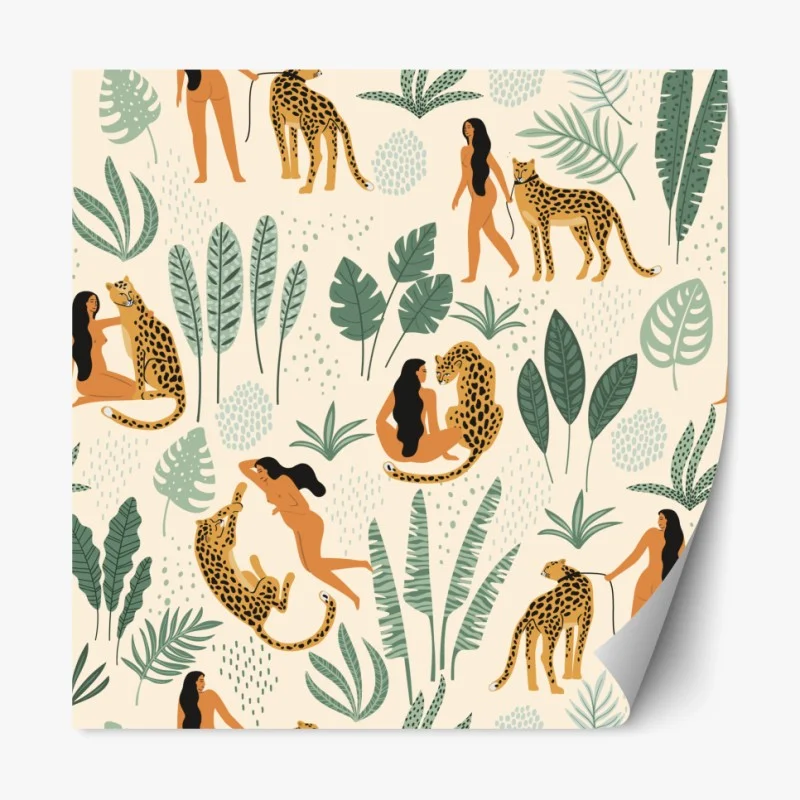 Repositionierbarer Aufkleber exotisches muster mit geparden und blättern