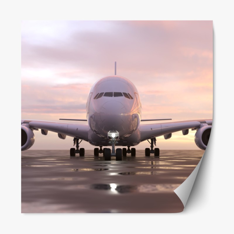 Repositionierbarer Aufkleber jet auf der startbahn bei sonnenuntergang