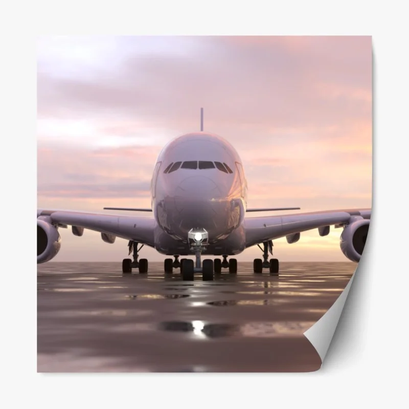 Repositionierbarer Aufkleber jet auf der startbahn bei sonnenuntergang