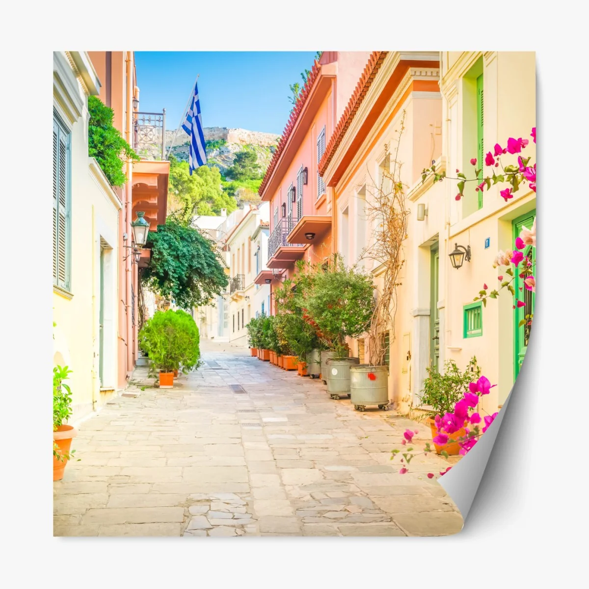 Repositionierbarer Aufkleber sonnige griechische gasse mit bougainvillea – Wallnifity® Repositionierbarer Aufkleber sonnige griechische gasse mit bougainvillea – Wallnifity®