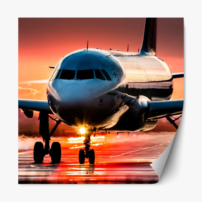 Repositionierbarer Aufkleber jet im sonnenuntergang auf der startbahn