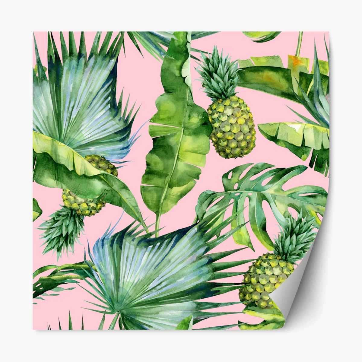 Repositionierbarer Aufkleber tropisches ananas- und blattmuster in aquarell auf rosa hintergrund – Wallnifity® Repositionierbarer Aufkleber tropisches ananas- und blattmuster in aquarell auf rosa hintergrund – Wallnifity®