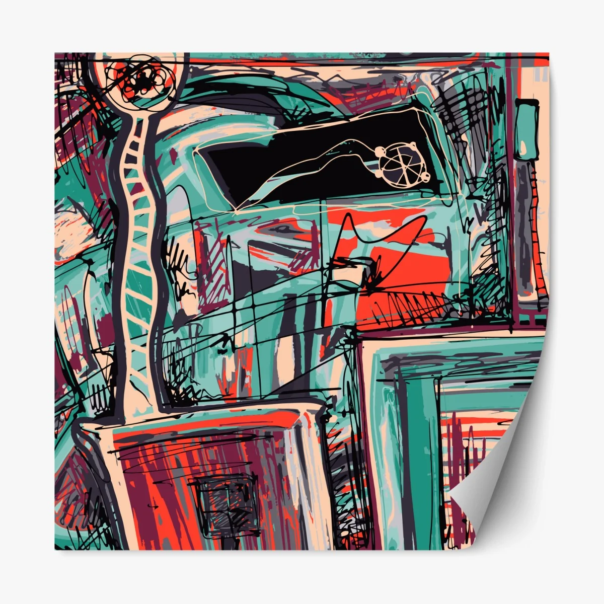 Repositionierbarer Aufkleber türkis-korall abstrakte komposition – Wallnifity® Repositionierbarer Aufkleber türkis-korall abstrakte komposition – Wallnifity®