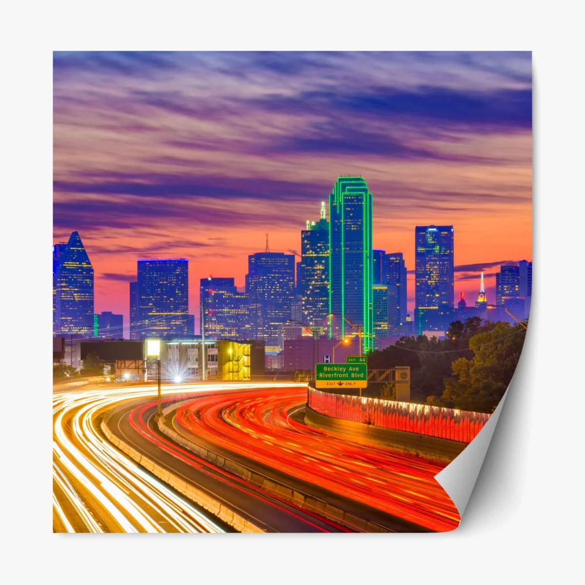 Repositionierbarer Aufkleber panorama von Dallas bei sonnenuntergang mit lichtspuren auf der autobahn – Wallnifity® Repositionierbarer Aufkleber panorama von Dallas bei sonnenuntergang mit lichtspuren auf der autobahn – Wallnifity®