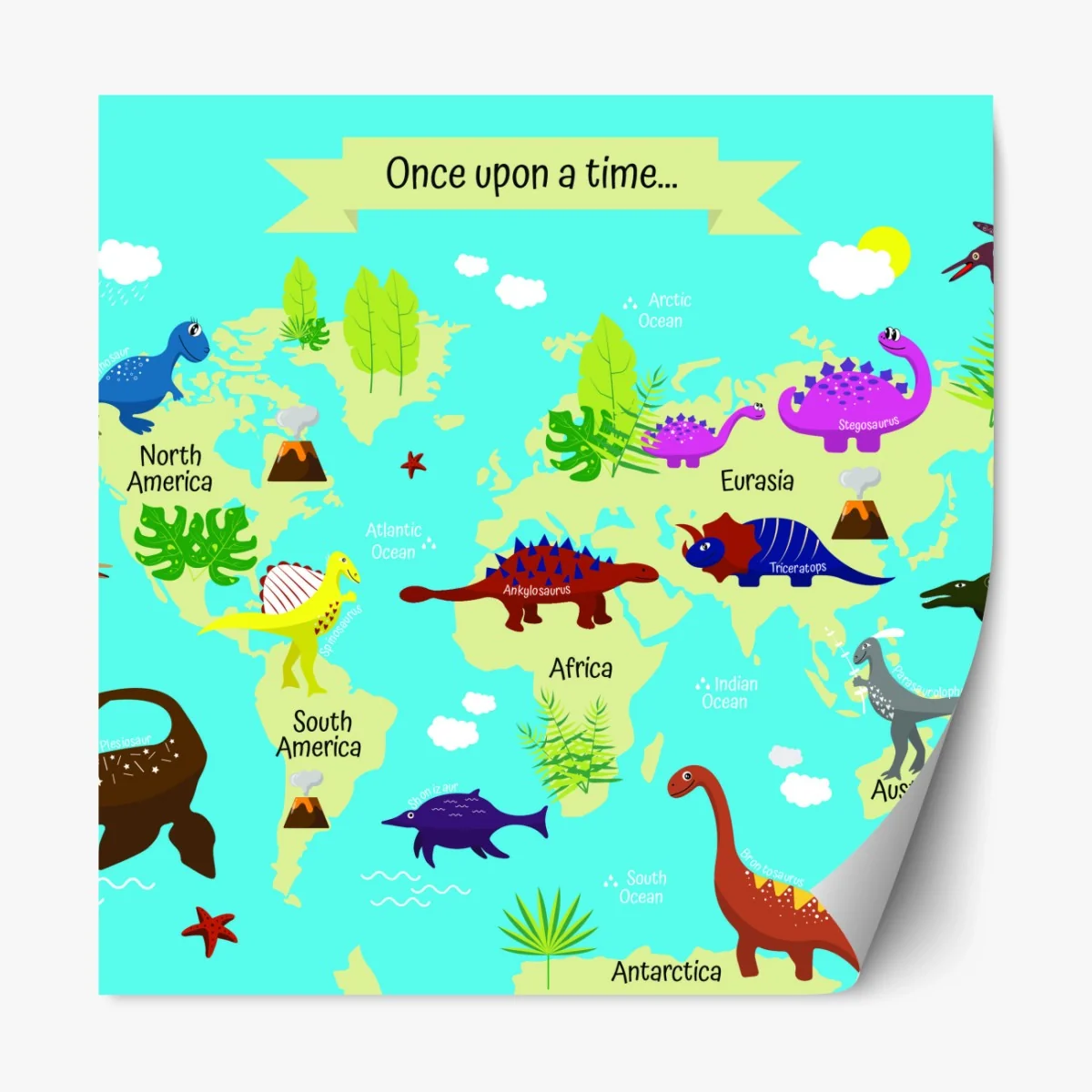 Repositionierbarer Aufkleber bunte weltkarte mit dinosauriern – Wallnifity® Repositionierbarer Aufkleber bunte weltkarte mit dinosauriern – Wallnifity®