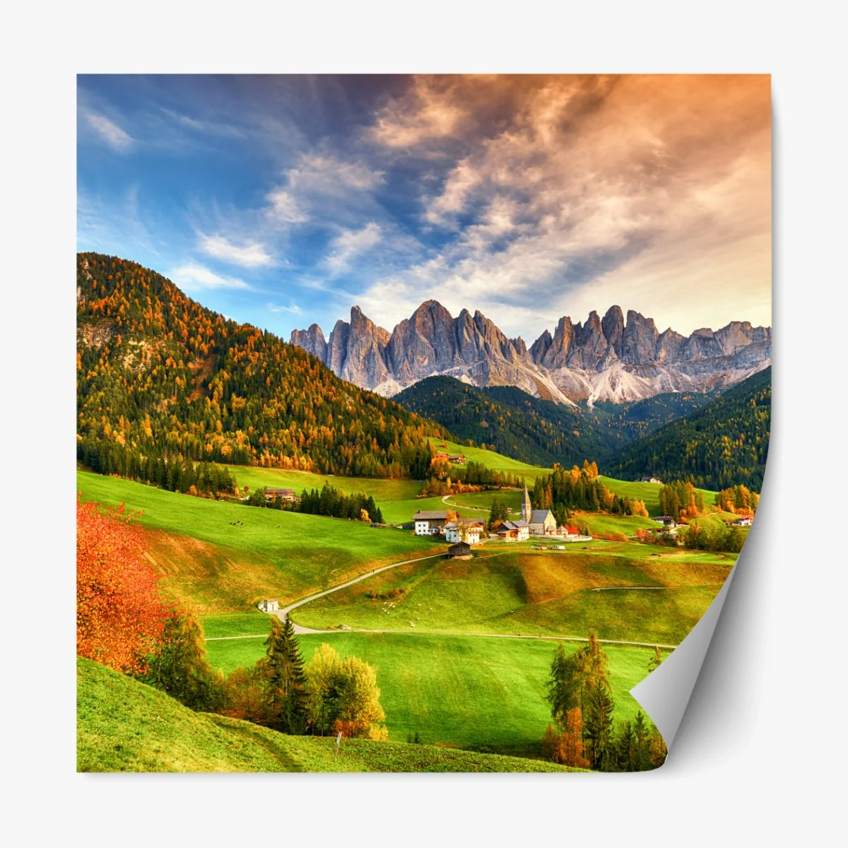 Repositionierbarer Aufkleber herbstlicher sonnenuntergang über Santa Maddalena, Dolomiten – Wallnifity® Repositionierbarer Aufkleber herbstlicher sonnenuntergang über Santa Maddalena, Dolomiten – Wallnifity®