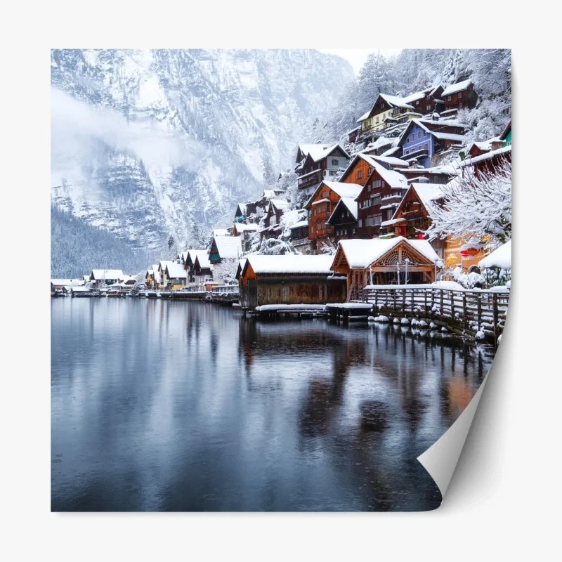 Repositionierbarer Aufkleber verschneites Hallstatt am see