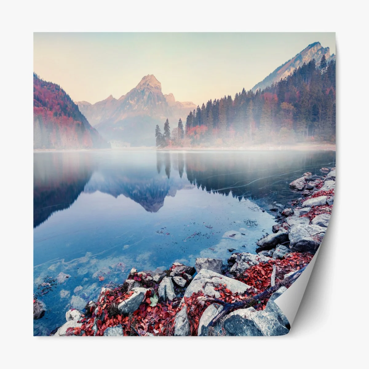 Repositionierbarer Aufkleber nebliger herbstmorgen am Obersee, Schweizer Alpen – Wallnifity® Repositionierbarer Aufkleber nebliger herbstmorgen am Obersee, Schweizer Alpen – Wallnifity®