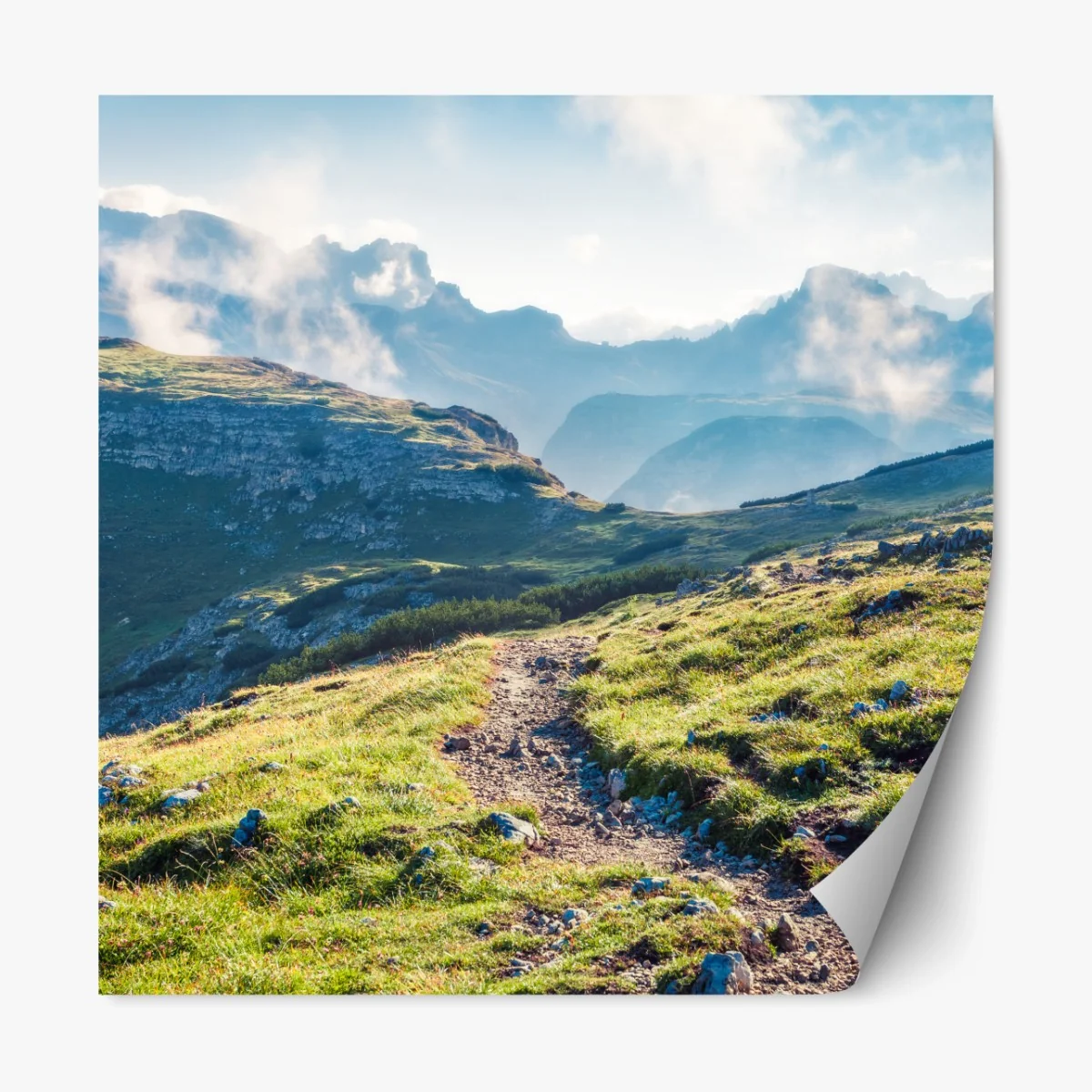 Repositionierbarer Aufkleber nebliger morgen auf Monte Piana, Dolomiten – Wallnifity® Repositionierbarer Aufkleber nebliger morgen auf Monte Piana, Dolomiten – Wallnifity®