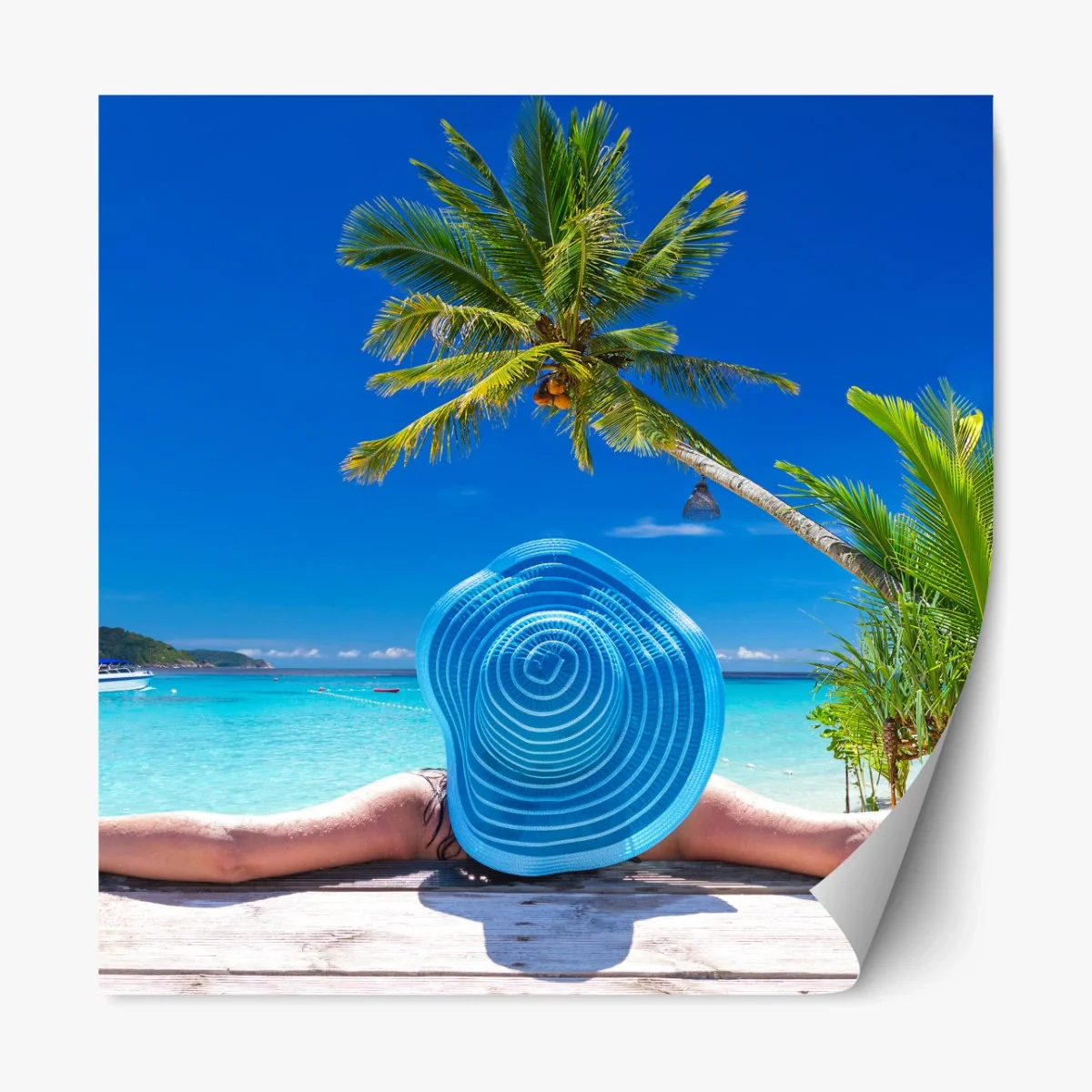 Repositionierbarer Aufkleber tropischer strand mit blauem sonnenhut – Wallnifity® Repositionierbarer Aufkleber tropischer strand mit blauem sonnenhut – Wallnifity®