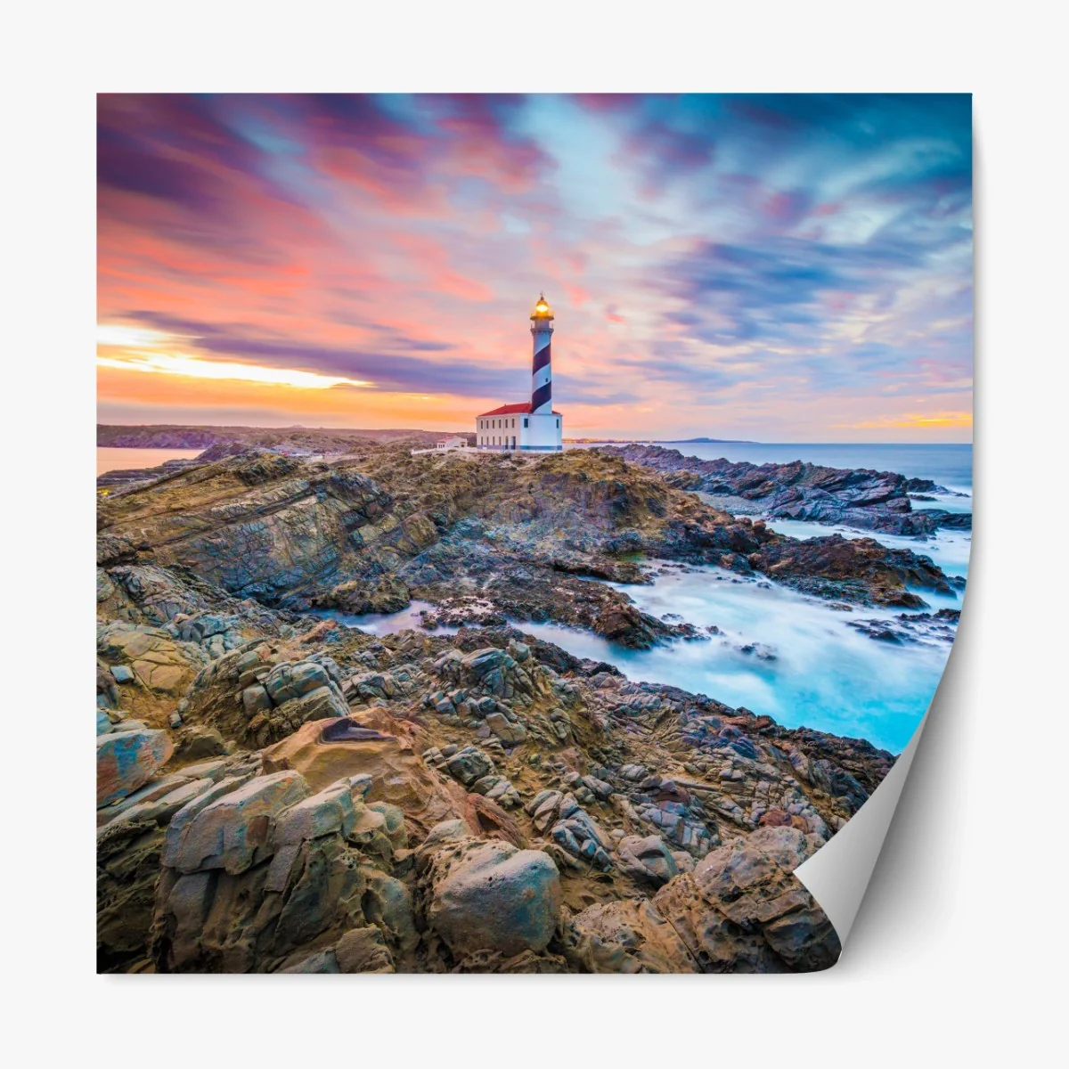 Repositionierbarer Aufkleber sonnenuntergang bei leuchtturm Favaritx, Menorca – Wallnifity®