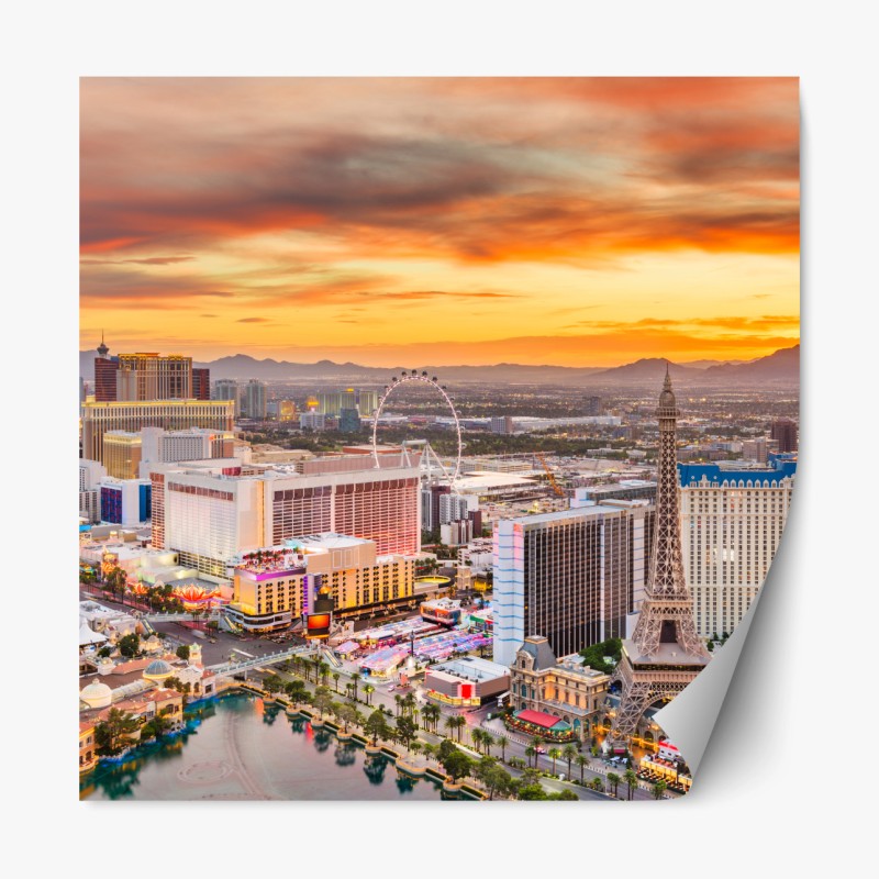 Repositionierbarer Aufkleber Las Vegas skyline bei sonnenuntergang