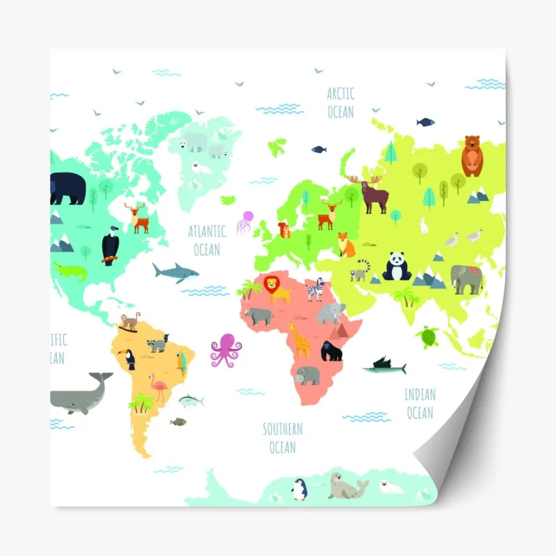 Repositionierbarer Aufkleber illustrierte weltkarte mit tieren für kinder