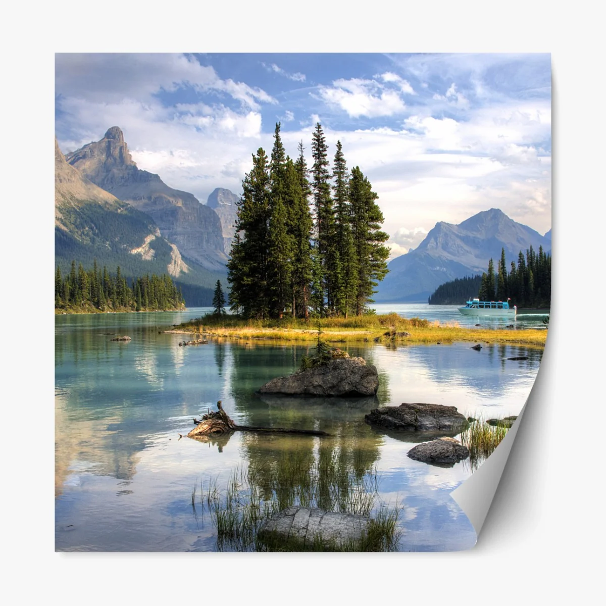 Repositionierbarer Aufkleber ruhiger alpensee mit insel und bergen – Wallnifity® Repositionierbarer Aufkleber ruhiger alpensee mit insel und bergen – Wallnifity®