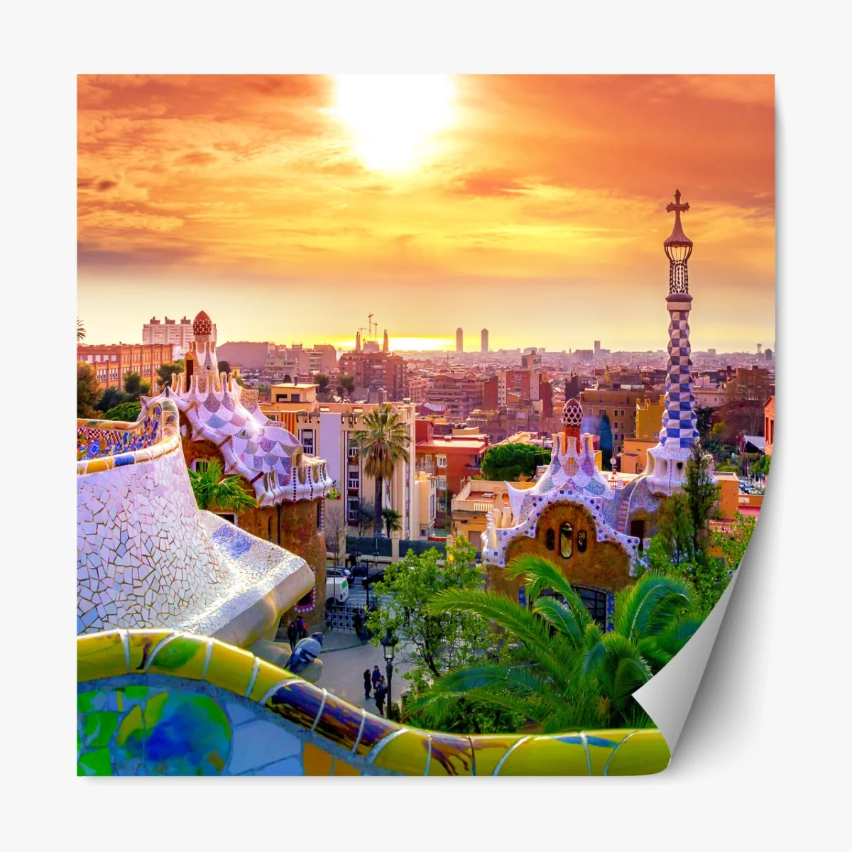 Repositionierbarer Aufkleber sonnenuntergang über Park Güell in Barcelona – Wallnifity® Repositionierbarer Aufkleber sonnenuntergang über Park Güell in Barcelona – Wallnifity®