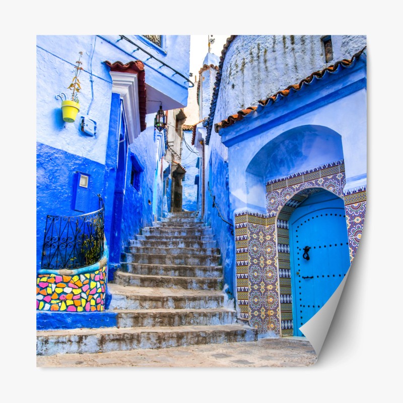 Repositionierbarer Aufkleber blaue gasse in Chefchaouen, Marokko