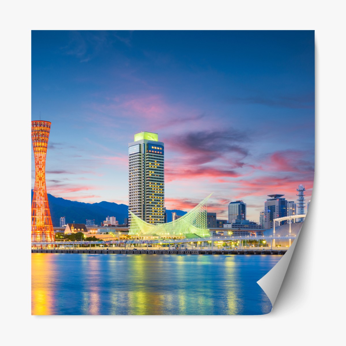 Repositionierbarer Aufkleber Kobe skyline bei dämmerung – Wallnifity®