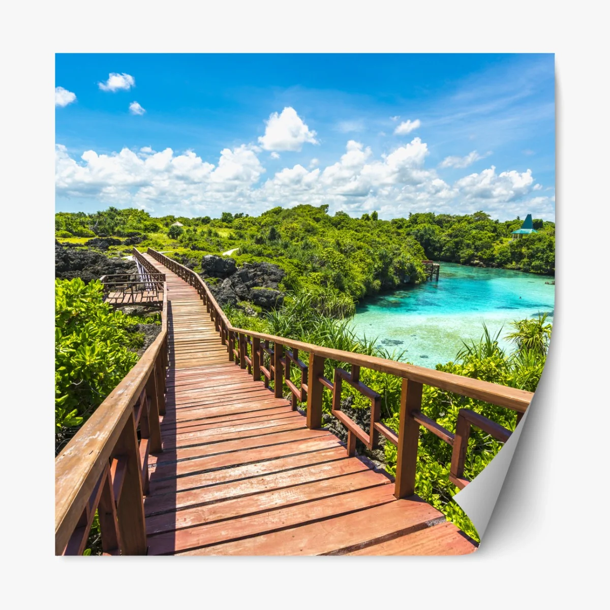 Repositionierbarer Aufkleber tropischer holzsteg zur türkislagune – Wallnifity® Repositionierbarer Aufkleber tropischer holzsteg zur türkislagune – Wallnifity®