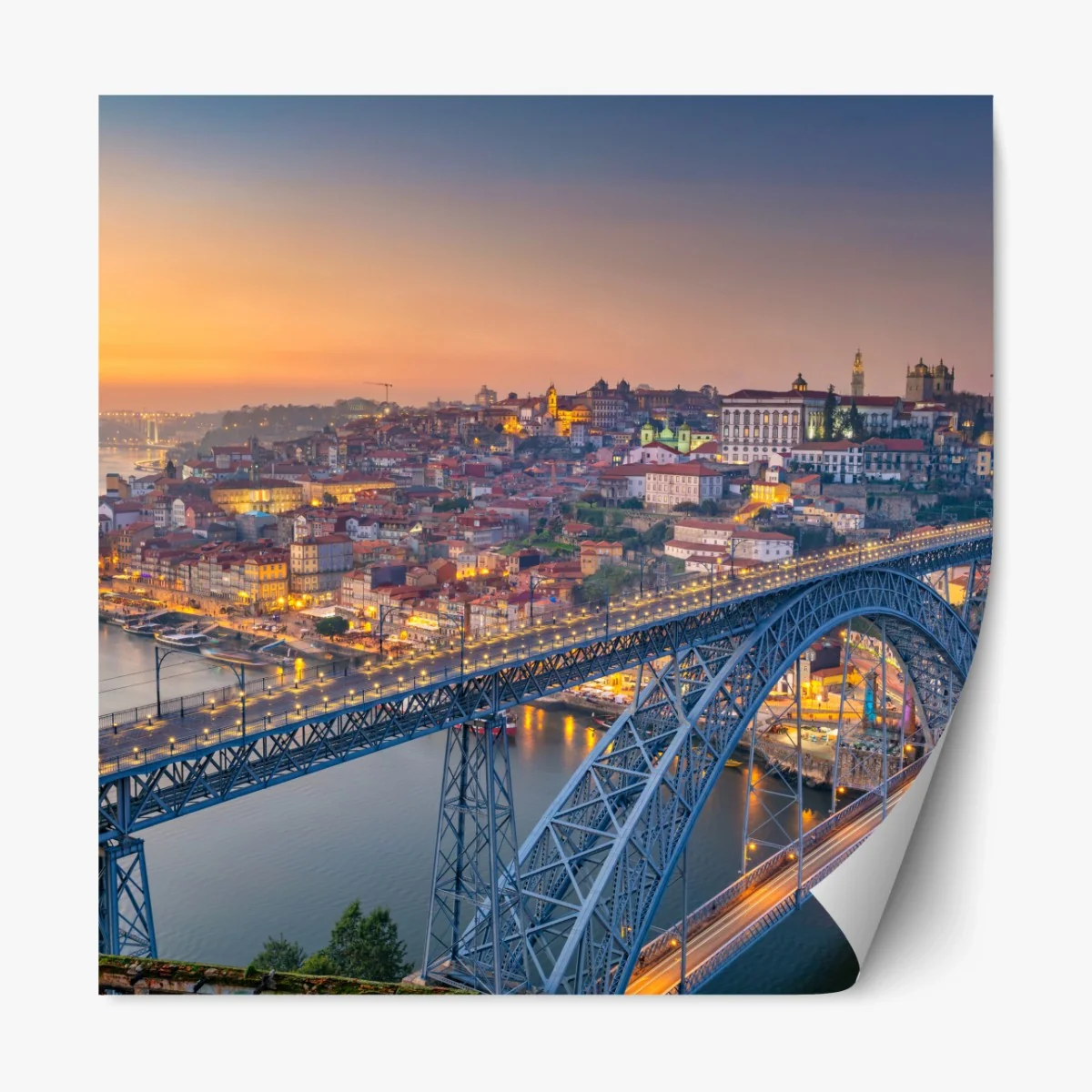 Repositionierbarer Aufkleber porto skyline bei dämmerung mit Dom Luís I – Wallnifity® Repositionierbarer Aufkleber porto skyline bei dämmerung mit Dom Luís I – Wallnifity®