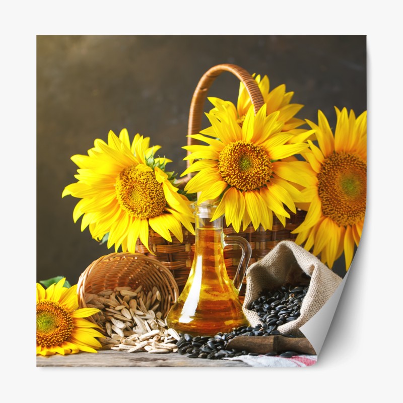 Repositionierbarer Aufkleber leuchtendes stillleben mit sonnenblumen, kernen und öl