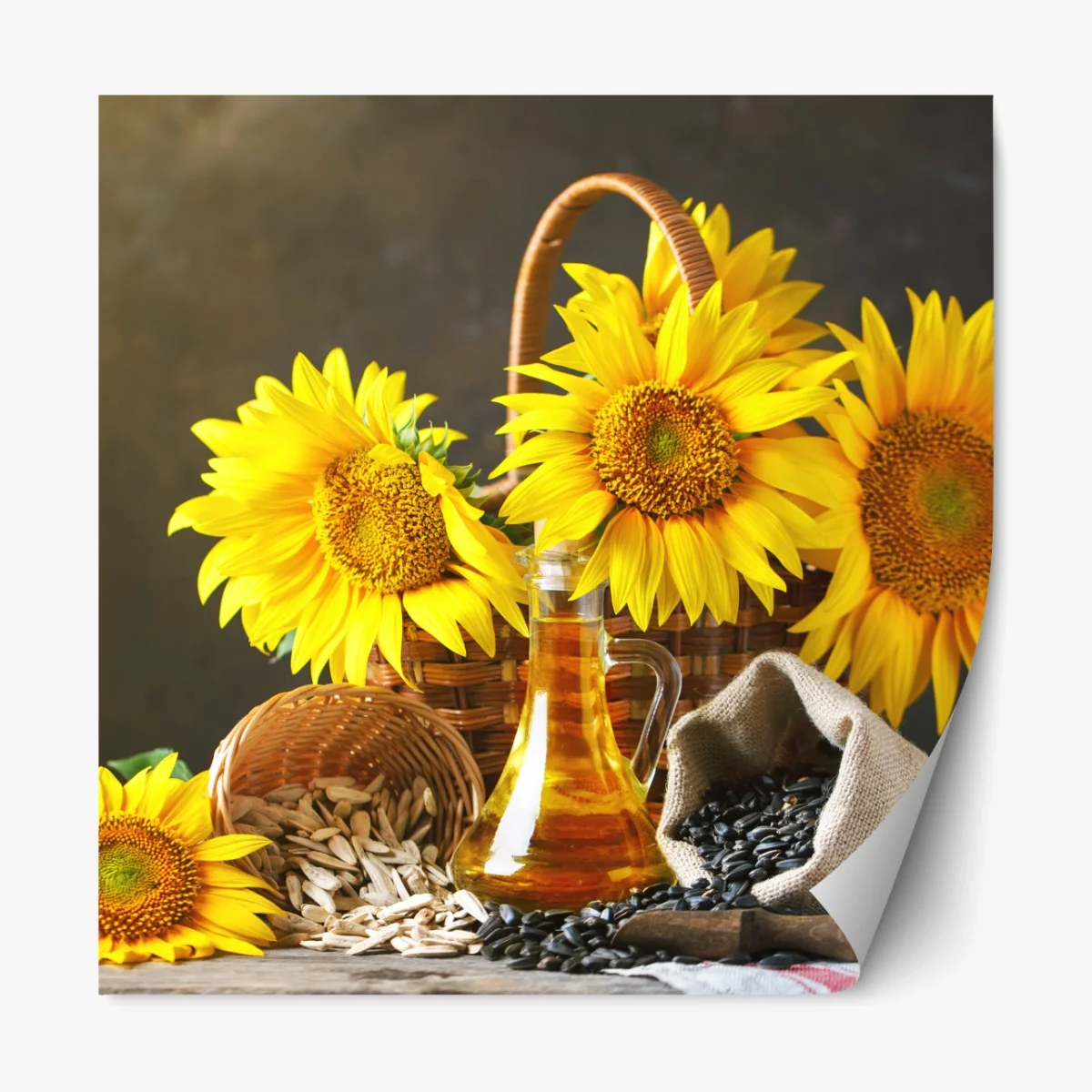 Repositionierbarer Aufkleber leuchtendes stillleben mit sonnenblumen, kernen und öl – Wallnifity® Repositionierbarer Aufkleber leuchtendes stillleben mit sonnenblumen, kernen und öl – Wallnifity®