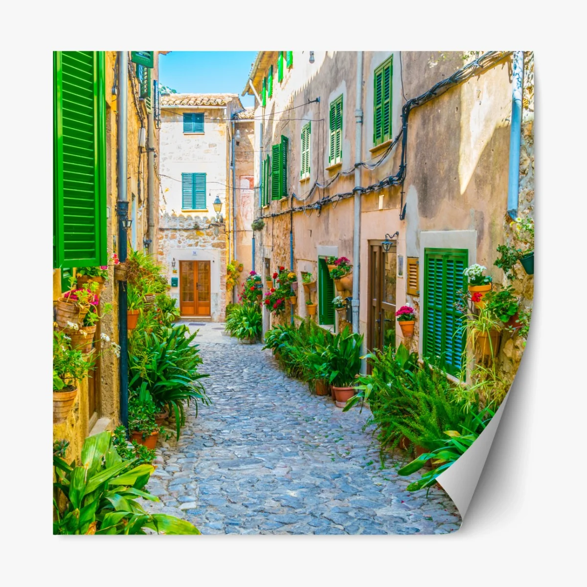 Repositionierbarer Aufkleber sonnige gasse mit grünen fensterläden – Wallnifity® Repositionierbarer Aufkleber sonnige gasse mit grünen fensterläden – Wallnifity®