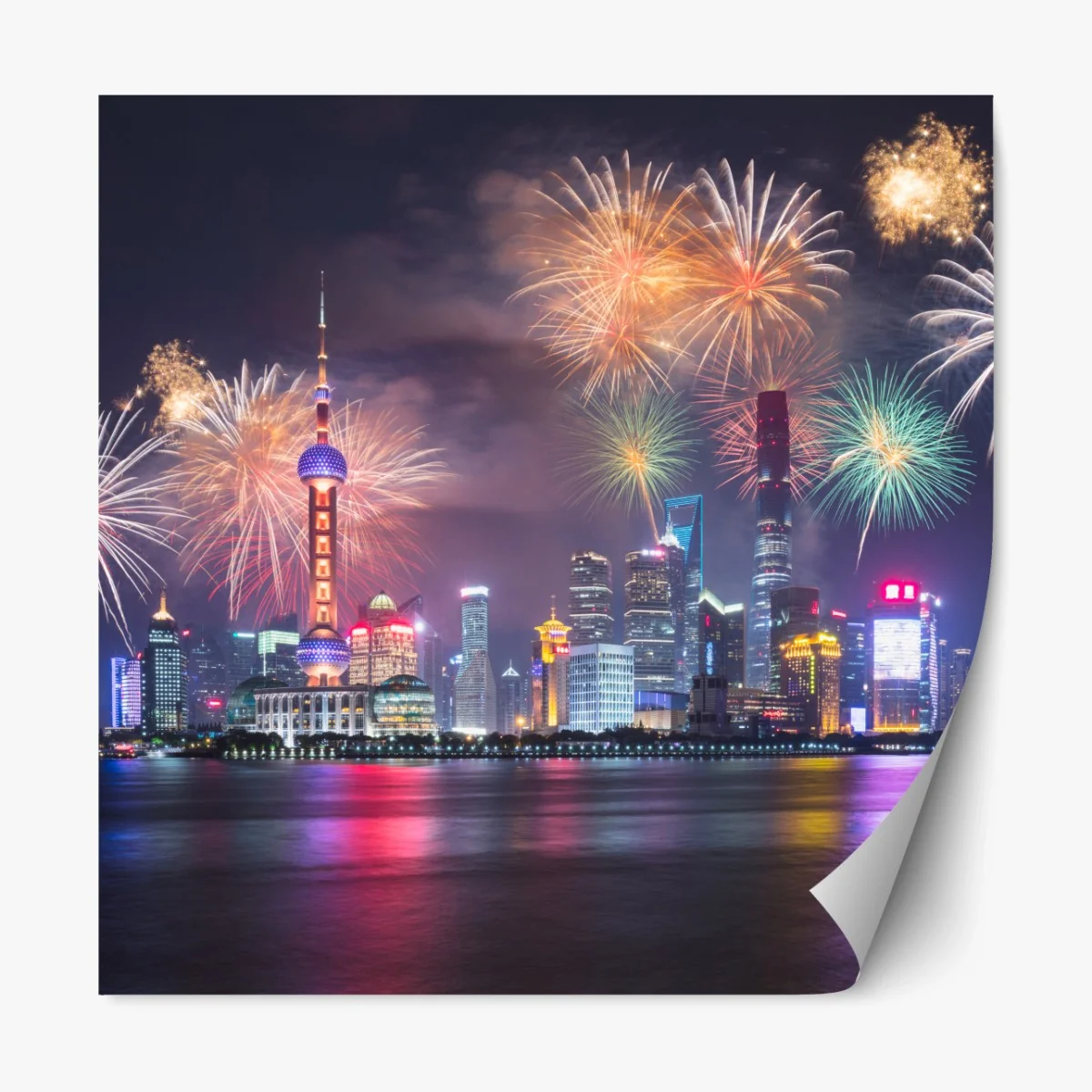 Repositionierbarer Aufkleber Shanghai skyline mit feuerwerk über dem Huangpu – Wallnifity® Repositionierbarer Aufkleber Shanghai skyline mit feuerwerk über dem Huangpu – Wallnifity®
