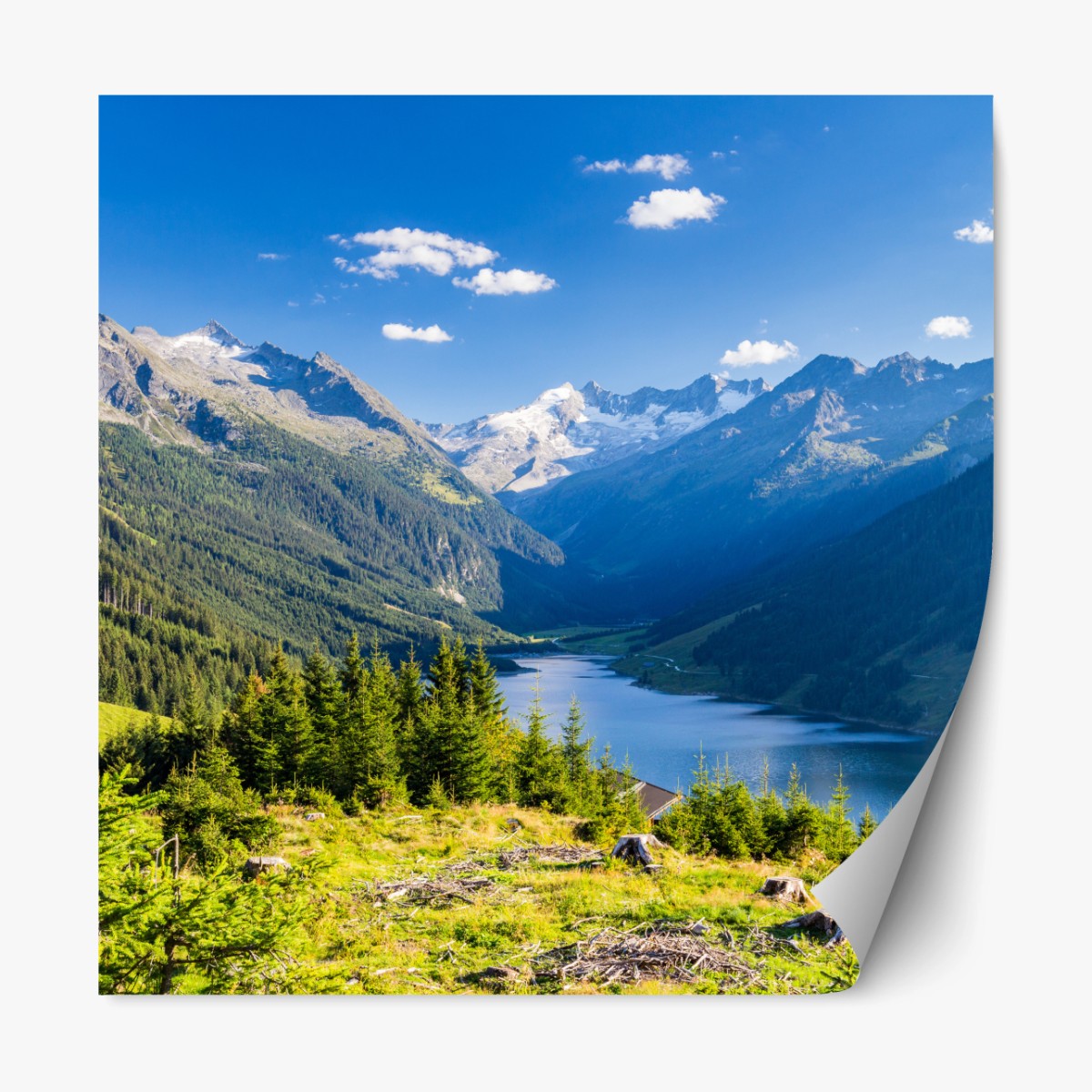 Repositionierbarer Aufkleber ruhiges tal mit alpensee – Wallnifity®