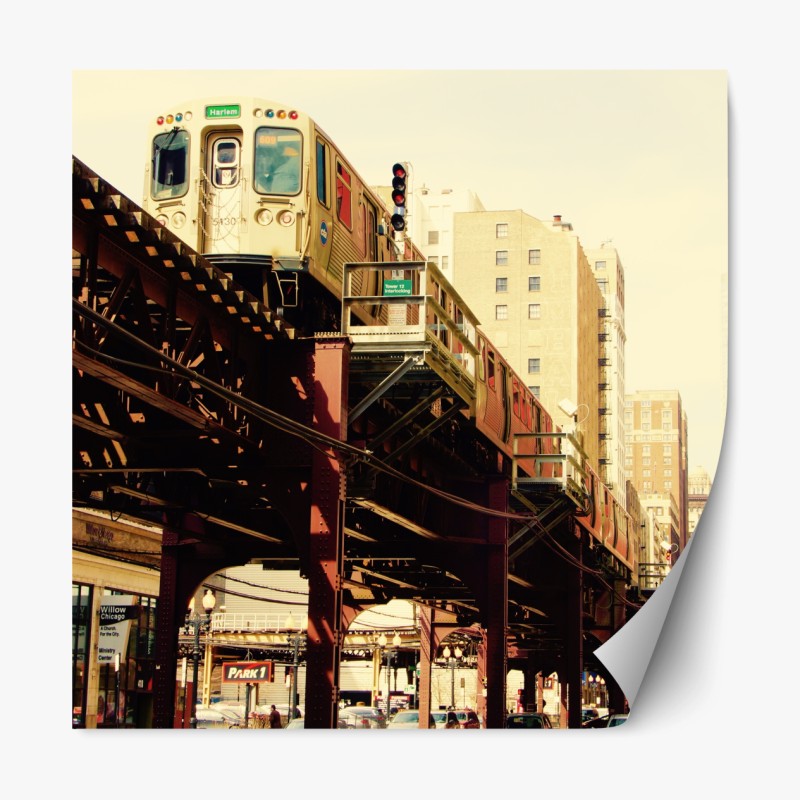 Repositionierbarer Aufkleber retro hochbahn über der stadtstraße