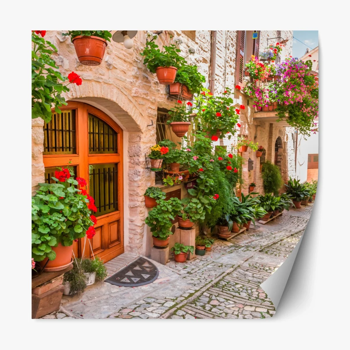 Repositionierbarer Aufkleber sonnige gasse in Italien mit blühenden töpfen – Wallnifity® Repositionierbarer Aufkleber sonnige gasse in Italien mit blühenden töpfen – Wallnifity®