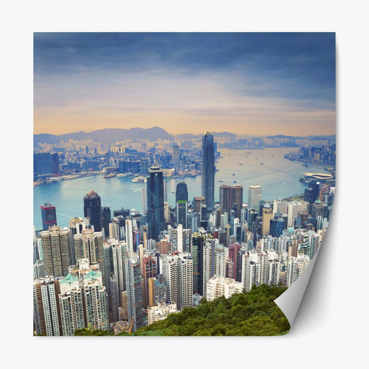 Repositionierbarer Aufkleber Hong Kong stadtpanorama bei dämmerung – Wallnifity®