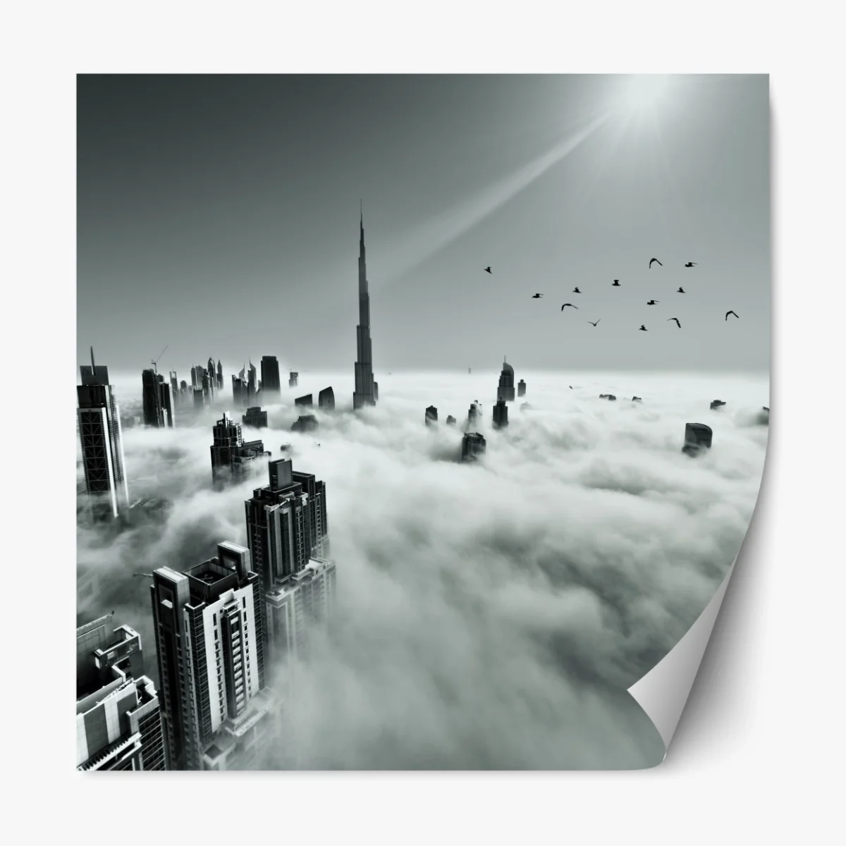 Repositionierbarer Aufkleber neblige skyline von Dubai über den wolken – Wallnifity® Repositionierbarer Aufkleber neblige skyline von Dubai über den wolken – Wallnifity®