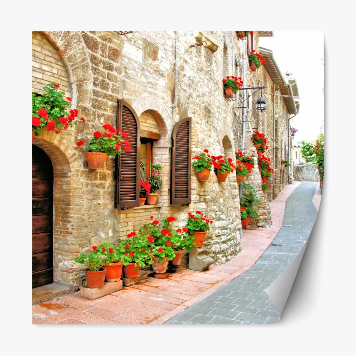 Repositionierbarer Aufkleber sonnige steingasse mit roten geranien – Wallnifity® Repositionierbarer Aufkleber sonnige steingasse mit roten geranien – Wallnifity®