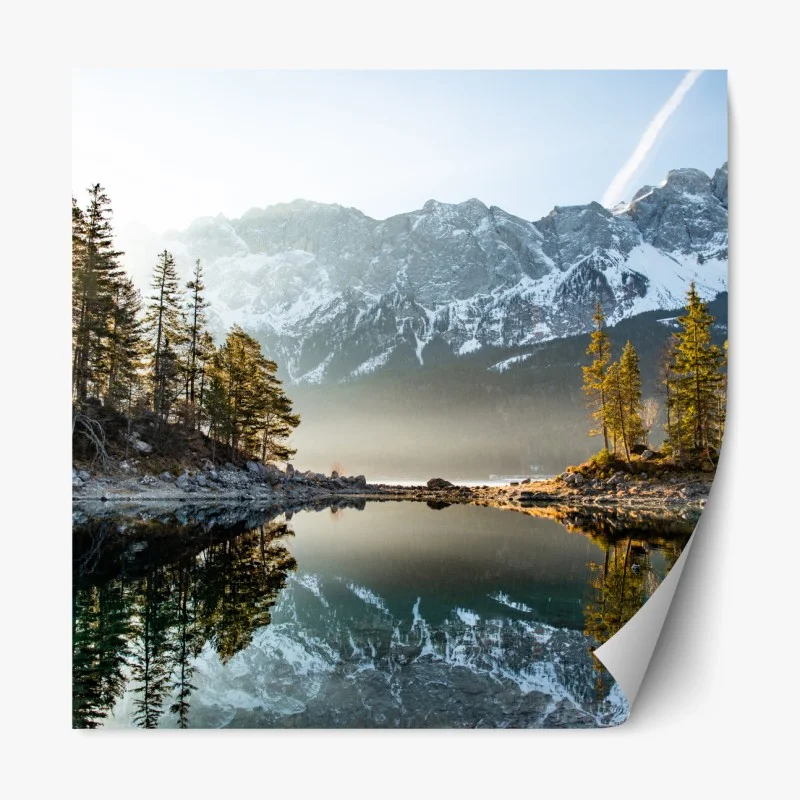 Repositionierbarer Aufkleber bergsee spiegelung bei sonnenaufgang