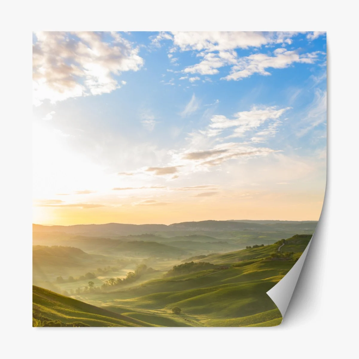 Repositionierbarer Aufkleber sonnenaufgang über nebligen hügeln – Wallnifity® Repositionierbarer Aufkleber sonnenaufgang über nebligen hügeln – Wallnifity®