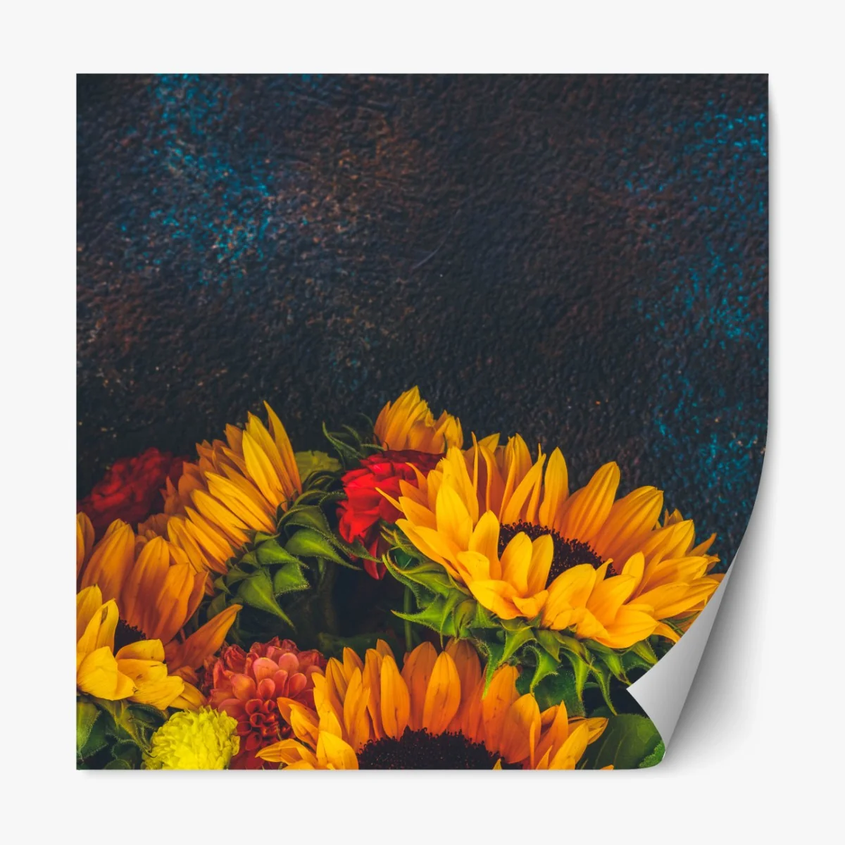 Repositionierbarer Aufkleber lebendiger sonnenblumenstrauß vor dunklem hintergrund – Wallnifity® Repositionierbarer Aufkleber lebendiger sonnenblumenstrauß vor dunklem hintergrund – Wallnifity®