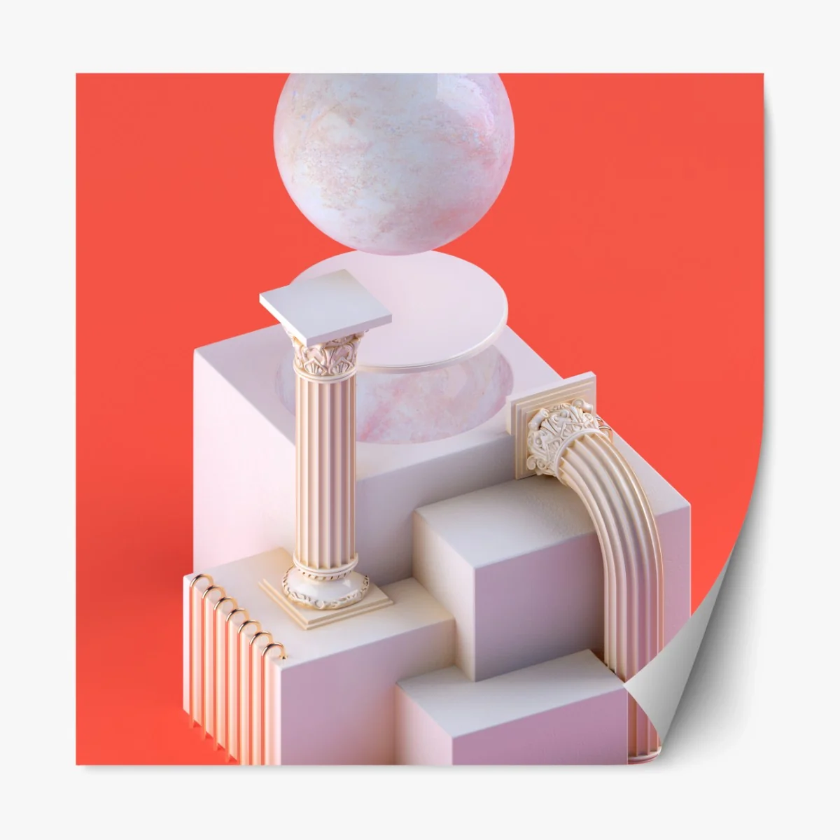 Repositionierbarer Aufkleber marmorkugel und klassische säulen auf orange – Wallnifity® Repositionierbarer Aufkleber marmorkugel und klassische säulen auf orange – Wallnifity®