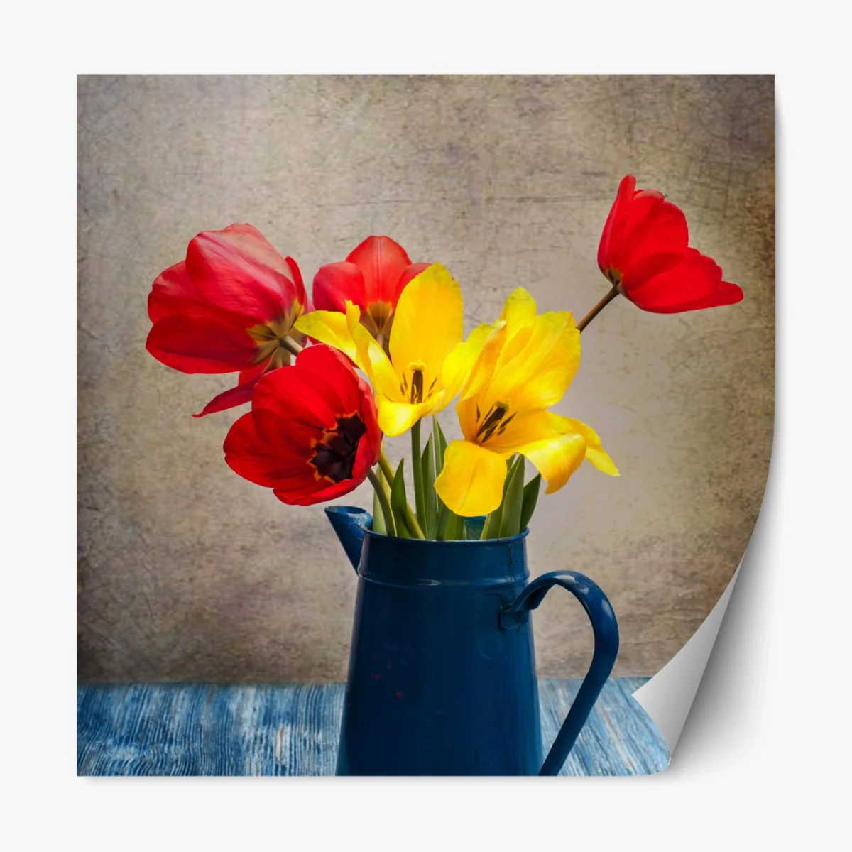 Repositionierbarer Aufkleber bunter tulpenstrauß im blauen krug – Wallnifity®