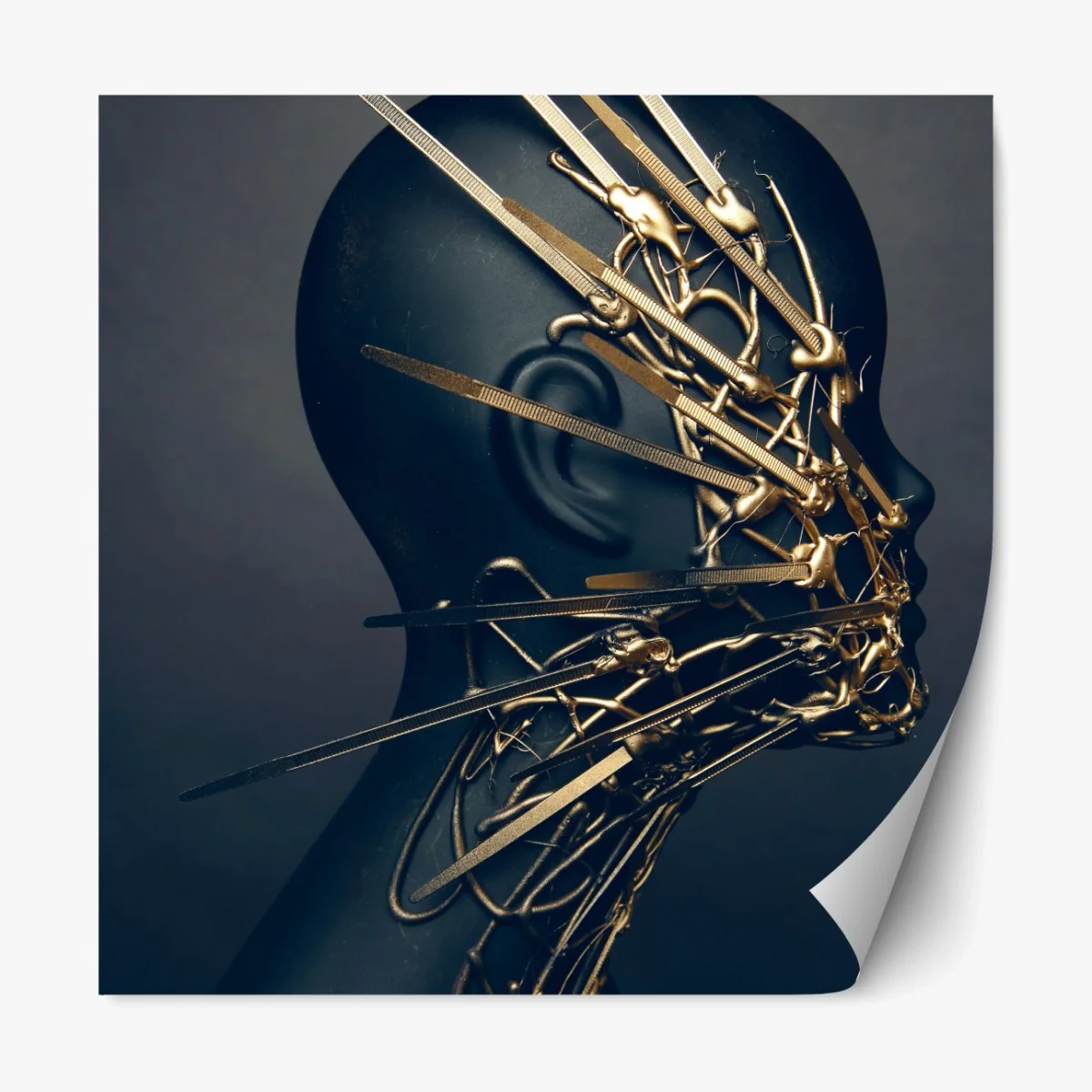 Repositionierbarer Aufkleber goldene drahtskulptur auf schwarzer büste – Wallnifity® Repositionierbarer Aufkleber goldene drahtskulptur auf schwarzer büste – Wallnifity®