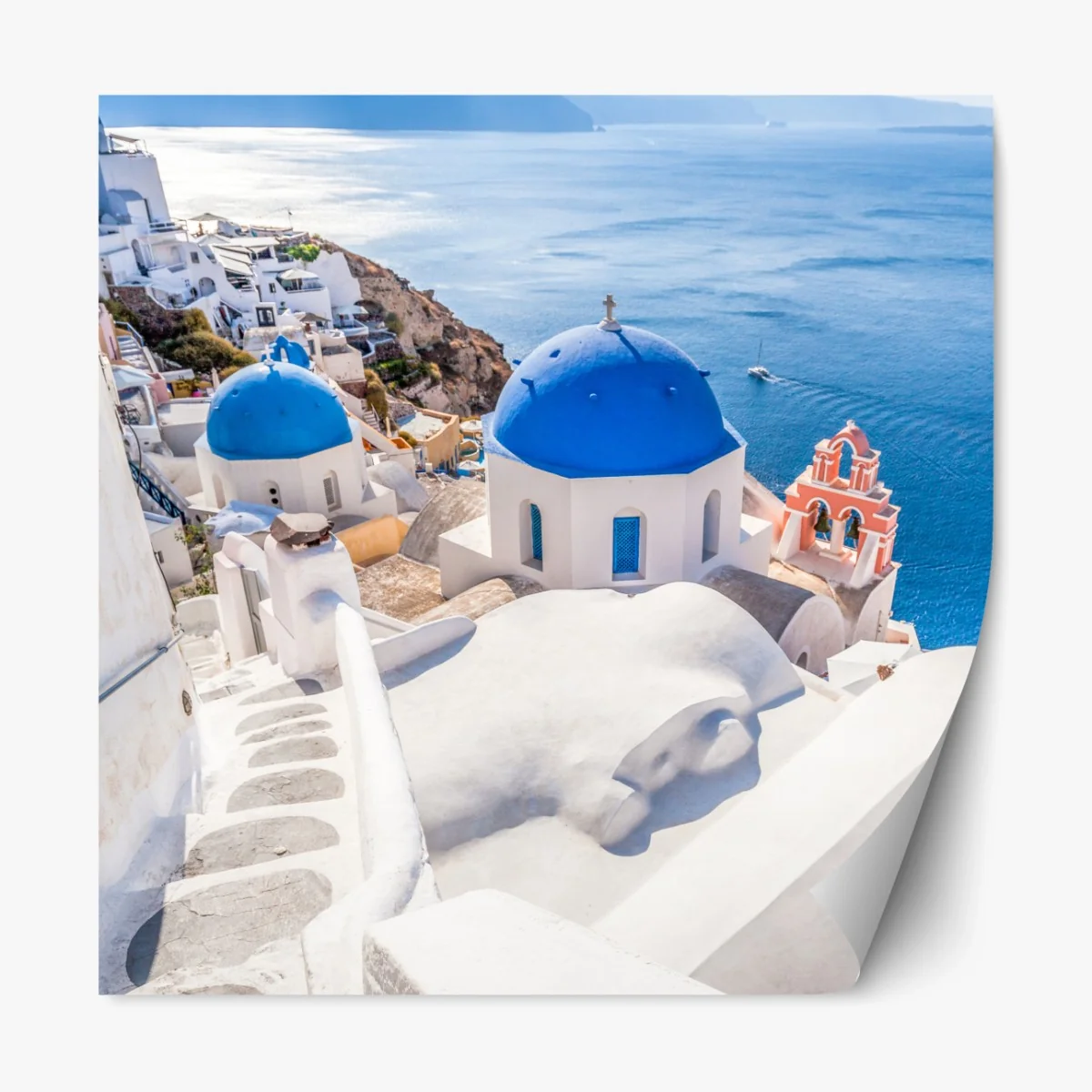Repositionierbarer Aufkleber sonniges Santorini blaue kuppeln und meerblick – Wallnifity® Repositionierbarer Aufkleber sonniges Santorini blaue kuppeln und meerblick – Wallnifity®