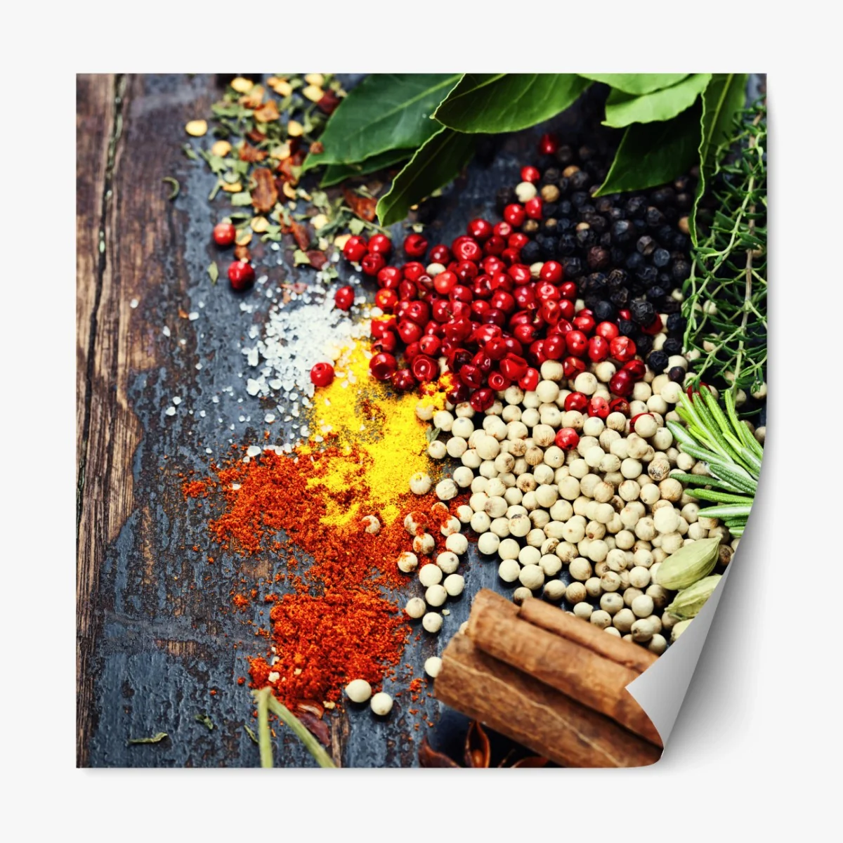 Repositionierbarer Aufkleber buntes gewürzsortiment auf rustikalem holz – Wallnifity® Repositionierbarer Aufkleber buntes gewürzsortiment auf rustikalem holz – Wallnifity®