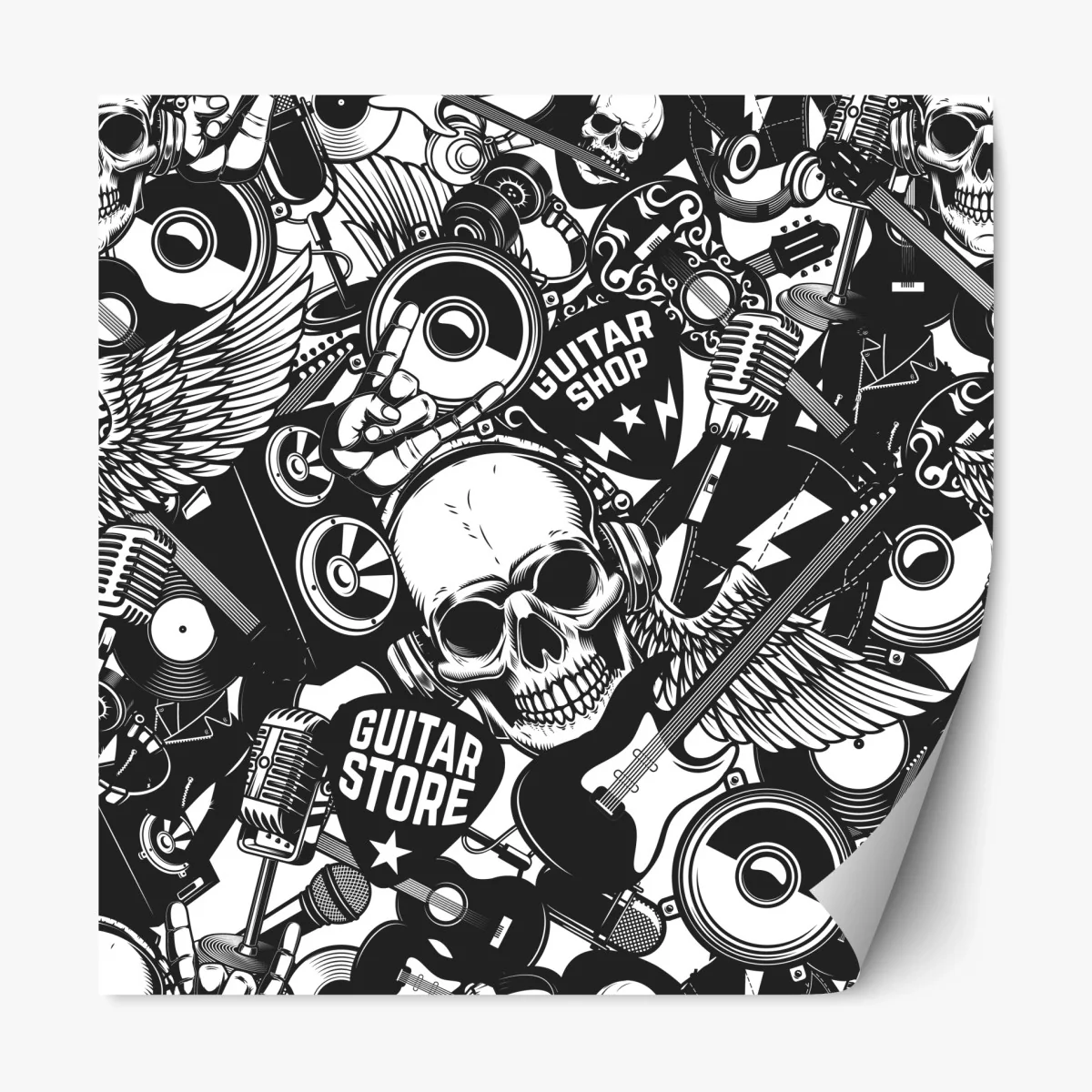 Repositionierbarer Aufkleber rock-collage mit schädel und gitarre – Wallnifity® Repositionierbarer Aufkleber rock-collage mit schädel und gitarre – Wallnifity®