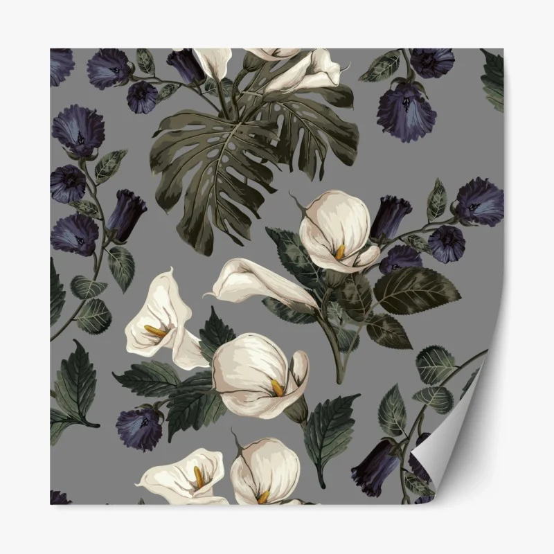 Repositionierbarer Aufkleber vintage calla blumenmuster auf grauem hintergrund